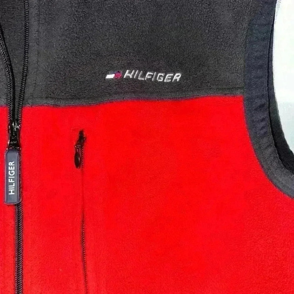 Vintage Tommy Hilfiger Fleece Zip Vest Black & Red Jacket / Size Medium - Picture 2 of 14